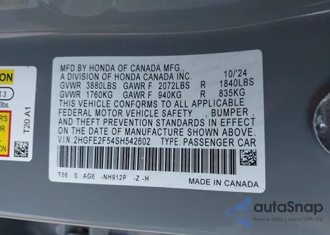 2025 Honda Civic Sport from USA, damaged, VIN 2HGFE2F54SH542602